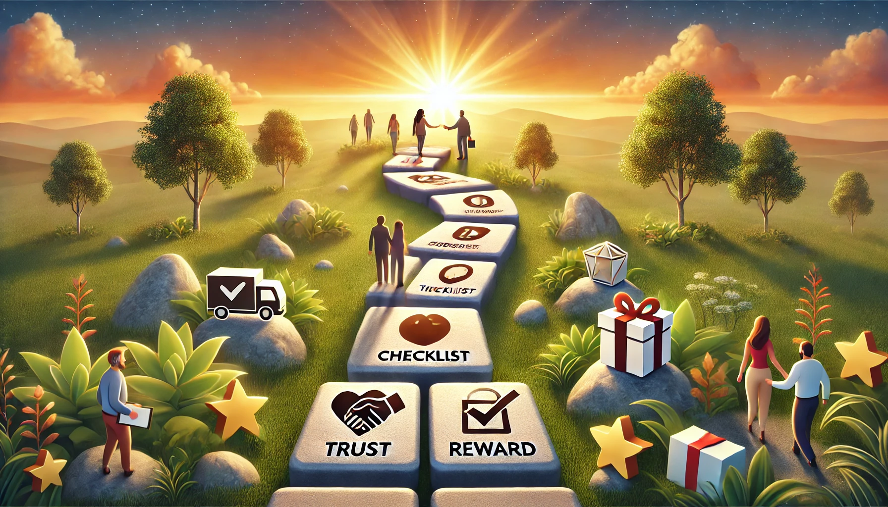 DALL·E 2025 01 02 12.05.44 A visually appealing concept image showing a customer satisfaction journey. Depict a series of stepping stones leading to a bright flourishing destin