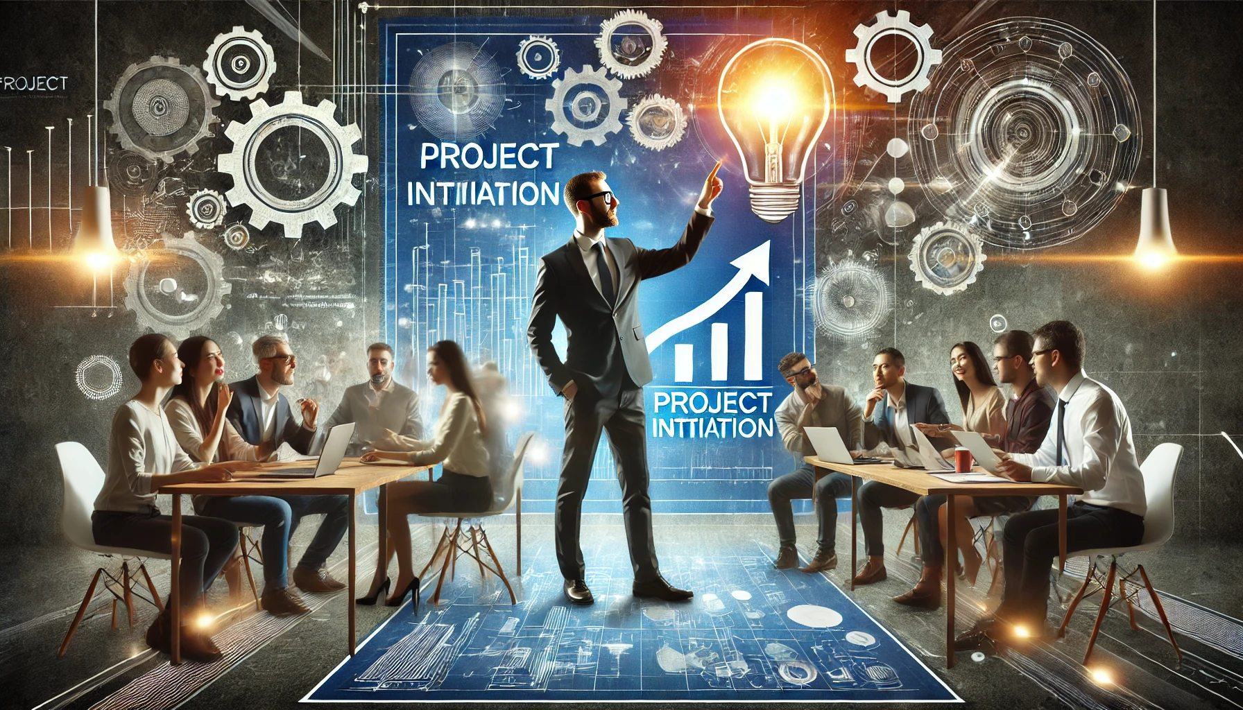 DALL·E 2025 01 02 12.07.53 A dynamic concept image representing project initiation with expert guidance. Show a professional mentor pointing at a large blueprint or digital scre